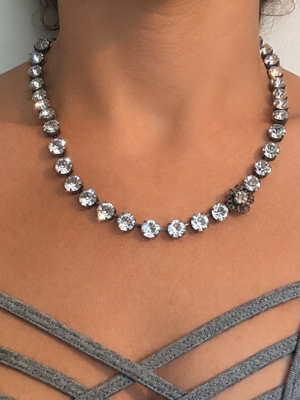 Sabika 2014 Swarovski Crystal Tennis Necklace 19” Pink Floral Filigree Choker